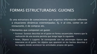 FORMAS ESTRUCTURADAS: GUIONES
Es una estructura de conocimiento que organiza información referente
a situaciones dinámicas estereotipadas; Ej. ir al cine, comer en un
restaurante, ir de compras etc.
• Elementos que componen un guion:
• Escenas: Sucesos descritos en el guion en forma secuenciales manera que la
realización de una escena permita que tenga lugar la siguiente
• Roles, Objetos y Lugares: Se corresponde con los personajes típicos que
interviene en el guion, los objetos que aparecen en los hechos descritos y
los lugares donde acontecen las actividades propias del guion.
 