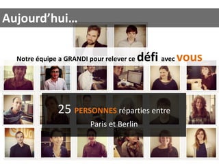 Aujourd’hui…
Notre équipe a GRANDI pour relever ce

défi avec vous

25 PERSONNES réparties entre
Paris et Berlin

 