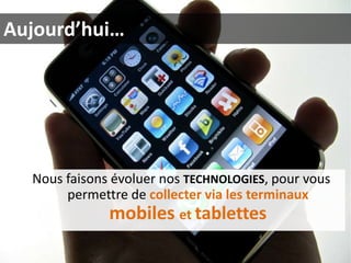 Aujourd’hui…

Nous faisons évoluer nos TECHNOLOGIES, pour vous
permettre de collecter via les terminaux
mobiles et tablettes

 
