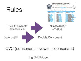 Rules:
Rule 1: 1 syllable
adjective + er
Tall+er=Taller
+THAN
Look out!!! Double Consonant
CVC (consonant + vowel + consonant)
Big CVC bigger
 
