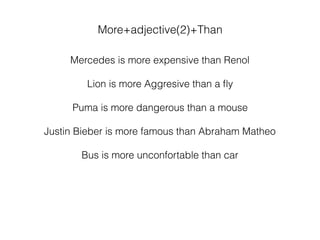 More+adjective(2)+Than
Mercedes is more expensive than Renol
Lion is more Aggresive than a ﬂy
Puma is more dangerous than a mouse
Justin Bieber is more famous than Abraham Matheo
Bus is more unconfortable than car
 