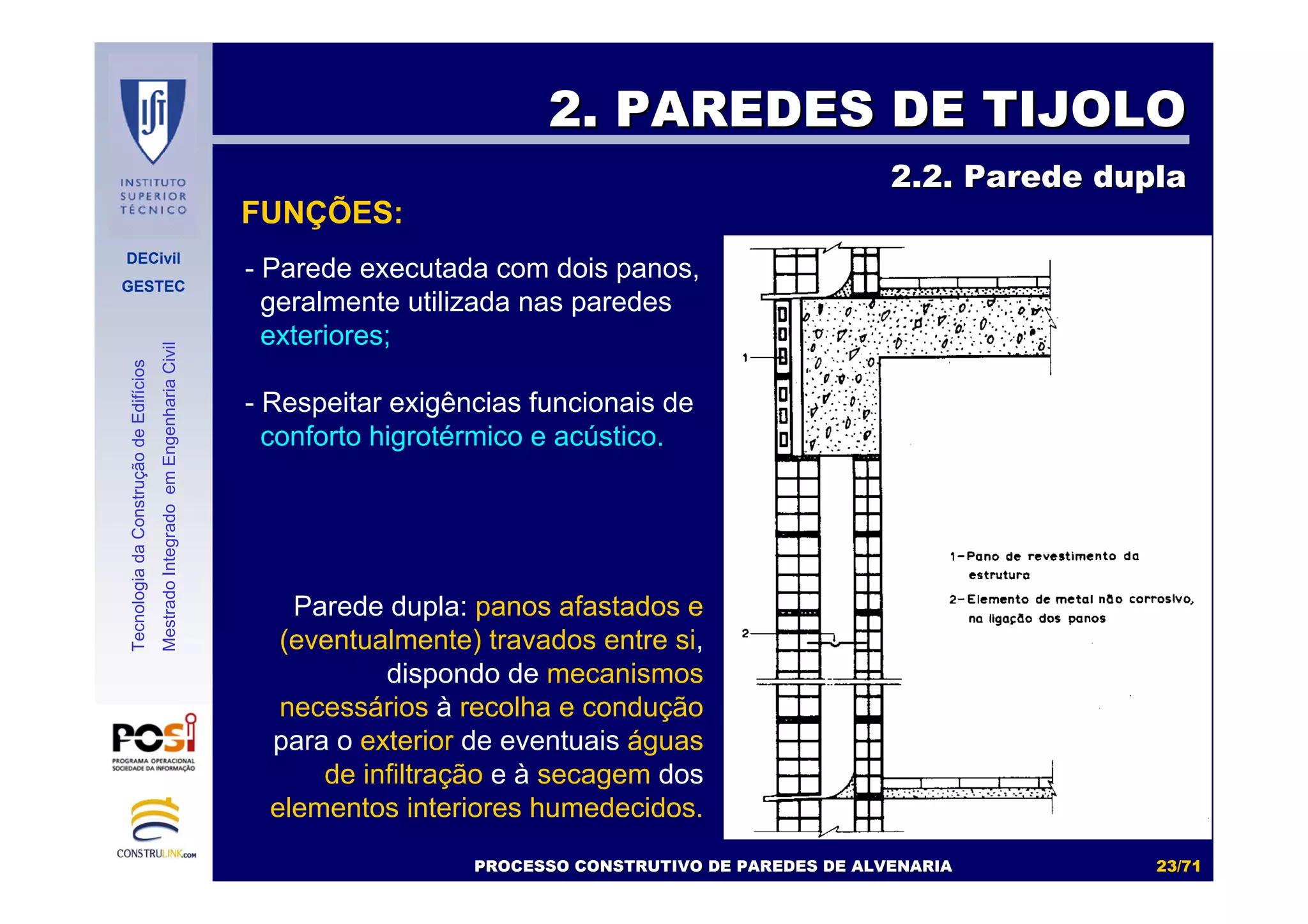 DECivil
GESTEC
2323//7171
TecnologiadaConstruçãodeEdifícios
MestradoIntegradoemEngenhariaCivil
FUNÇÕES:
2. PAREDES DE TIJOLO2. PAREDES DE TIJOLO
2.2. Parede dupla2.2. Parede dupla
- Parede executada com dois panos,
geralmente utilizada nas paredes
exteriores;
- Respeitar exigências funcionais de
conforto higrotérmico e acústico.
PROCESSO CONSTRUTIVO DE PAREDES DE ALVENARIAPROCESSO CONSTRUTIVO DE PAREDES DE ALVENARIA
Parede dupla: panos afastados e
(eventualmente) travados entre si,
dispondo de mecanismos
necessários à recolha e condução
para o exterior de eventuais águas
de infiltração e à secagem dos
elementos interiores humedecidos.
 