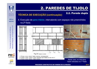 DECivil
GESTEC
3232//7171
TecnologiadaConstruçãodeEdifícios
MestradoIntegradoemEngenhariaCivil
6. Execução de pano interior, intervalando com espaços não preenchidos
na 2ª fiada.
2. PAREDES DE TIJOLO2. PAREDES DE TIJOLO
2.2. Parede dupla2.2. Parede dupla
PROCESSO CONSTRUTIVO DE PAREDES DE ALVENARIAPROCESSO CONSTRUTIVO DE PAREDES DE ALVENARIA
TÉCNICA DE EXECUÇÃO (continuação):
Neste caso, os intervalos
foram deixados na 1ª fiada
 