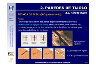 DECivil
GESTEC
3434//7171
TecnologiadaConstruçãodeEdifícios
MestradoIntegradoemEngenhariaCivil
Notas:
- O avanço de cada um dos panos depende também da eventual
necessidade de ligação de panos exterior e interior, com material não
corrosivo, espaçados de 1 m na horizontal e de 60 cm na vertical, para
garantir estabilidade do conjunto.
2. PAREDES DE TIJOLO2. PAREDES DE TIJOLO
2.2. Parede dupla2.2. Parede dupla
AplicaAplicaçção dosão dos
ligadoresligadores
PROCESSO CONSTRUTIVO DE PAREDES DE ALVENARIAPROCESSO CONSTRUTIVO DE PAREDES DE ALVENARIA
TÉCNICA DE EXECUÇÃO (continuação):
a) Ligadores semia) Ligadores semi--rríígidosgidos
b, c, d) Ligadores flexb, c, d) Ligadores flexííveisveis
 