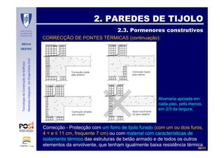 DECivil
GESTEC
4646//7171
TecnologiadaConstruçãodeEdifícios
MestradoIntegradoemEngenhariaCivil
CORRECÇÃO DE PONTES TÉRMICAS (continuação):
2. PAREDES DE TIJOLO2. PAREDES DE TIJOLO
2.3. Pormenores construtivos2.3. Pormenores construtivos
Correcção - Protecção com um forro de tijolo furado (com um ou dois furos,
4 < e ≤ 11 cm, frequente 7 cm) ou com material com características de
isolamento térmico das estruturas de betão armado e de todos os outros
elementos da envolvente, que tenham igualmente baixa resistência térmica
Alvenaria apoiada em
cada piso, pelo menos,
em 2/3 da largura;
 