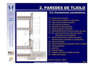 DECivil
GESTEC
5656//7171
TecnologiadaConstruçãodeEdifícios
MestradoIntegradoemEngenhariaCivil
2. PAREDES DE TIJOLO2. PAREDES DE TIJOLO
2.3. Pormenores construtivos2.3. Pormenores construtivos
PROCESSO CONSTRUTIVO DE PAREDES DE ALVENARIAPROCESSO CONSTRUTIVO DE PAREDES DE ALVENARIA
12 - reboco não armado;
13 - blocos que constituem a alvenaria;
14 - viga cinta em betão armado;
15 - forra igual à alvenaria;
16 - barreira de estanquidade;
17 - placa de gesso cartonado;
18 - isolamento térmico fixo por pontos de cola;
19 , 20 - guarnecimento do vão com gesso
cartonado ou de madeira;
21 - isolamento térmico (quebra da ponte
térmica entre a alvenaria e a betonilha);
22 - blocos maciços;
23 - pintura betuminosa aplicada sobre o reboco;
24 - manta geotêxtil;
25 - gravilha;
26 - tubo de dreno;
27 - sapata contínua em betão armado;
28 - betão de limpeza.
(Alves & Sousa, 2003)
 