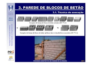 DECivil
GESTEC
5858//7171
TecnologiadaConstruçãodeEdifícios
MestradoIntegradoemEngenhariaCivil
3. PAREDE DE BLOCOS DE BETÃO3. PAREDE DE BLOCOS DE BETÃO
3.1. T3.1. Téécnica de execucnica de execuççãoão
PROCESSO CONSTRUTIVO DE PAREDES DE ALVENARIAPROCESSO CONSTRUTIVO DE PAREDES DE ALVENARIA
 