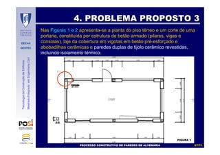 DECivil
GESTEC
6767//7171
TecnologiadaConstruçãodeEdifícios
MestradoIntegradoemEngenhariaCivil
4. PROBLEMA PROPOSTO 34. PROBLEMA PROPOSTO 3
PROCESSO CONSTRUTIVO DE PAREDES DE ALVENARIAPROCESSO CONSTRUTIVO DE PAREDES DE ALVENARIAPROCESSO CONSTRUTIVO DE PAREDES DE ALVENARIAPROCESSO CONSTRUTIVO DE PAREDES DE ALVENARIA
Nas Figuras 1 e 2 apresenta-se a planta do piso térreo e um corte de uma
portaria, constituída por estrutura de betão armado (pilares, vigas e
consolas), laje da cobertura em vigotas em betão pré-esforçado e
abobadilhas cerâmicas e paredes duplas de tijolo cerâmico revestidas,
incluindo isolamento térmico.
FIGURA 1FIGURA 1
 