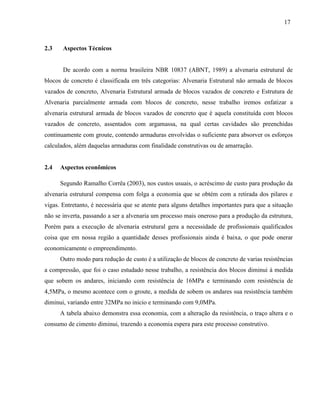 17
2.3 Aspectos Técnicos
De acordo com a norma brasileira NBR 10837 (ABNT, 1989) a alvenaria estrutural de
blocos de concreto é classificada em três categorias: Alvenaria Estrutural não armada de blocos
vazados de concreto, Alvenaria Estrutural armada de blocos vazados de concreto e Estrutura de
Alvenaria parcialmente armada com blocos de concreto, nesse trabalho iremos enfatizar a
alvenaria estrutural armada de blocos vazados de concreto que é aquela constituída com blocos
vazados de concreto, assentados com argamassa, na qual certas cavidades são preenchidas
continuamente com groute, contendo armaduras envolvidas o suficiente para absorver os esforços
calculados, além daquelas armaduras com finalidade construtivas ou de amarração.
2.4 Aspectos econômicos
Segundo Ramalho Corrêa (2003), nos custos usuais, o acréscimo de custo para produção da
alvenaria estrutural compensa com folga a economia que se obtém com a retirada dos pilares e
vigas. Entretanto, é necessária que se atente para alguns detalhes importantes para que a situação
não se inverta, passando a ser a alvenaria um processo mais oneroso para a produção da estrutura,
Porém para a execução de alvenaria estrutural gera a necessidade de profissionais qualificados
coisa que em nossa região a quantidade desses profissionais ainda é baixa, o que pode onerar
economicamente o empreendimento.
Outro modo para redução de custo é a utilização de blocos de concreto de varias resistências
a compressão, que foi o caso estudado nesse trabalho, a resistência dos blocos diminui à medida
que sobem os andares, iniciando com resistência de 16MPa e terminando com resistência de
4,5MPa, o mesmo acontece com o groute, a medida de sobem os andares sua resistência também
diminui, variando entre 32MPa no inicio e terminando com 9,0MPa.
A tabela abaixo demonstra essa economia, com a alteração da resistência, o traço altera e o
consumo de cimento diminui, trazendo a economia espera para este processo construtivo.
 