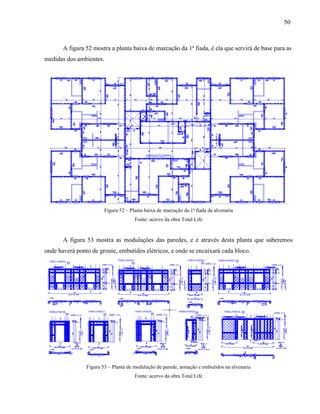 50
A figura 52 mostra a planta baixa de marcação da 1ª fiada, é ela que servirá de base para as
medidas dos ambientes.
Figura 52 – Planta baixa de marcação da 1ª fiada da alvenaria
Fonte: acervo da obra Total Life
A figura 53 mostra as modulações das paredes, e é através desta planta que saberemos
onde haverá ponto de groute, embutidos elétricos, e onde se encaixará cada bloco.
Figura 53 – Planta de modulação de parede, armação e embutidos na alvenaria
Fonte: acervo da obra Total Life
 
