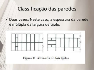 Classificação das paredes
• Duas vezes: Neste caso, a espessura da parede
é múltipla da largura de tijolo.
 