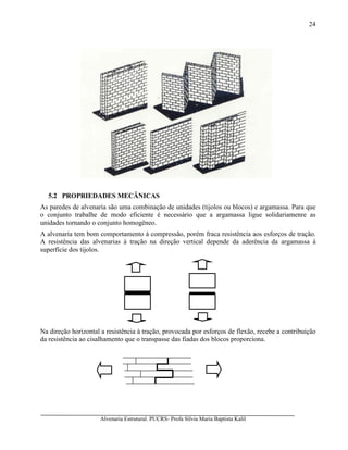 Alvenaria Estrutural. PUCRS- Profa Sílvia Maria Baptista Kalil
24
5.2 PROPRIEDADES MECÂNICAS
As paredes de alvenaria são uma combinação de unidades (tijolos ou blocos) e argamassa. Para que
o conjunto trabalhe de modo eficiente é necessário que a argamassa ligue solidariamenre as
unidades tornando o conjunto homogêneo.
A alvenaria tem bom comportamento à compressão, porém fraca resistência aos esforços de tração.
A resistência das alvenarias à tração na direção vertical depende da aderência da argamassa à
superfície dos tijolos.
Na direção horizontal a resistência à tração, provocada por esforços de flexão, recebe a contribuição
da resistência ao cisalhamento que o transpasse das fiadas dos blocos proporciona.
 