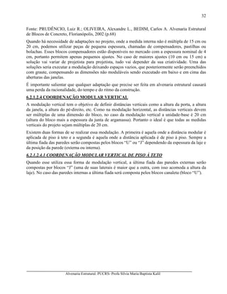 Alvenaria Estrutural. PUCRS- Profa Sílvia Maria Baptista Kalil
32
Fonte: PRUDÊNCIO, Luiz R.; OLIVEIRA, Alexandre L., BEDIM, Carlos A. Alvenaria Estrutural
de Blocos de Concreto, Florianópolis, 2002 (p.68)
Quando há necessidade de adaptações no projeto, onde a medida interna não é múltipla de 15 cm ou
20 cm, podemos utilizar peças de pequena espessura, chamadas de compensadores, pastilhas ou
bolachas. Esses blocos compensadores estão disponíveis no mercado com a espessura nominal de 4
cm, portanto permitem apenas pequenos ajustes. No caso de maiores ajustes (10 cm ou 15 cm) a
solução vai variar de projetista para projetista, tudo vai depender da sua criatividade. Uma das
soluções seria executar a modulação deixando espaços vazios, que posteriormente serão preenchidos
com graute, compensando as dimensões não moduláveis sendo executado em baixo e em cima das
aberturas das janelas.
É importante salientar que qualquer adaptação que precise ser feita em alvenaria estrutural causará
uma perda da racionalidade, do tempo e do ritmo da construção.
6.2.1.2.4 COORDENAÇÃO MODULAR VERTICAL
A modulação vertical tem o objetivo de definir distâncias verticais como a altura da porta, a altura
da janela, a altura do pé-direito, etc. Como na modulação horizontal, as distâncias verticais devem
ser múltiplas de uma dimensão do bloco, no caso da modulação vertical a unidade-base é 20 cm
(altura do bloco mais a espessura da junta de argamassa). Portanto o ideal é que todas as medidas
verticais do projeto sejam múltiplas de 20 cm.
Existem duas formas de se realizar essa modulação. A primeira é aquela onde a distância modular é
aplicada de piso à teto e a segunda é aquela onde a distância aplicada é de piso à piso. Sempre a
última fiada das paredes serão compostas pelos blocos “U” ou “J” dependendo da espessura da laje e
da posição da parede (externa ou interna).
6.2.1.2.4.1 COORDENAÇÃO MODULAR VERTICAL DE PISO À TETO
Quando esse utiliza essa forma de modulação vertical, a última fiada das paredes externas serão
compostas por blocos “J” (uma de suas laterais é maior que a outra, com isso acomoda a altura da
laje). No caso das paredes internas a última fiada será composta pelos blocos canaleta (bloco “U”).
 