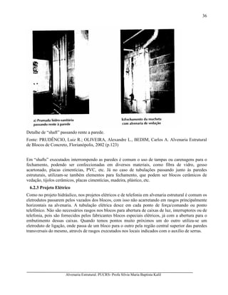 Alvenaria Estrutural. PUCRS- Profa Sílvia Maria Baptista Kalil
36
Detalhe de “shaft” passando rente a parede.
Fonte: PRUDÊNCIO, Luiz R.; OLIVEIRA, Alexandre L., BEDIM, Carlos A. Alvenaria Estrutural
de Blocos de Concreto, Florianópolis, 2002 (p.123)
Em “shafts” executados interrompendo as paredes é comum o uso de tampas ou carenagens para o
fechamento, podendo ser confeccionadas em diversos materiais, como fibra de vidro, gesso
acartonado, placas cimentícias, PVC, etc. Já no caso de tubulações passando junto às paredes
estruturais, utilizam-se também elementos para fechamento, que podem ser blocos cerâmicos de
vedação, tijolos cerâmicos, placas cimentícias, madeira, plástico, etc.
6.2.3 Projeto Elétrico
Como no projeto hidráulico, nos projetos elétricos e de telefonia em alvenaria estrutural é comum os
eletrodutos passarem pelos vazados dos blocos, com isso não acarretando em rasgos principalmente
horizontais na alvenaria. A tubulação elétrica desce em cada ponto de força/comando ou ponto
telefônico. Não são necessários rasgos nos blocos para abertura de caixas de luz, interruptores ou de
telefonia, pois são fornecidos pelos fabricantes blocos especiais elétricos, já com a abertura para o
embutimento dessas caixas. Quando temos pontos muito próximos um do outro utiliza-se um
eletroduto de ligação, onde passa de um bloco para o outro pela região central superior das paredes
transversais do mesmo, através de rasgos executados nos locais indicados com o auxílio de serras.
 