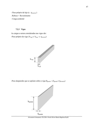 Alvenaria Estrutural. PUCRS- Profa Sílvia Maria Baptista Kalil
47
- Peso próprio da laje (e . γconcreto )
- Reboco + Revestimento
- Carga acidental
7.2.3 Vigas
As cargas a serem consideradas nas vigas são:
-Peso próprio da viga ( bviga x hviga x γconcreto)
-Peso dasparedes que se apóiam sobre a viga (bparede x hparede x γalvenaria)
bviga
hviga
bparede
hparede
 