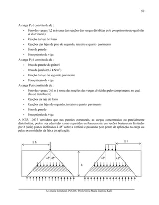 Alvenaria Estrutural. PUCRS- Profa Sílvia Maria Baptista Kalil
50
A carga P1 é constituída de :
- Peso das vergas/1,2 m (soma das reações das vergas divididas pelo comprimento no qual elas
se distribuem)
- Reação da laje de forro
- Reações das lajes de piso do segundo, terceiro e quarto pavimento
- Peso da parede
- Peso próprio da viga
A carga P2 é constituida de :
- Peso da parede do peitoril
- Peso da janela (0,7 kN/m2
)
- Reação da laje do segundo pavimento
- Peso próprio da viga
A carga P3 é constituida de :
- Peso das vergas/ 3,0 m ( soma das reações das vergas divididas pelo comprimento no qual
elas se distribuem)
- Reações da laje de forro
- Reações das lajes do segundo, terceiro e quarto pavimento
- Peso da parede
- Peso próprio da viga
A NBR 10837 considera que nas paredes estruturais, as cargas concentradas ou parcialmente
distribuídas, podem ser admitidas como repartidas uniformemente em seções horizontais limitadas
por 2 (dois) planos inclinados à 45o
sobre a vertical e passando pelo ponto de aplicação da carga ou
pelas extremidades da faixa de aplicação.
≥ h ≥ h
h
45º45º 45º 45º
 