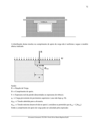 Alvenaria Estrutural. PUCRS- Profa Sílvia Maria Baptista Kalil
72
A distribuição destas tensões no comprimento de apoio da verga não é uniforme e segue o modelo
abaixo indicado.
Sendo:
R ⇒ Reação da Verga.
B ⇒ Comprimento do apoio.
b ⇒ Espessura real da parede (descontadas as espessuras de reboco).
q1 ⇒ Carga proveniente de pavimentos superiores ( caso não haja q1=0).
σadm ⇒ Tensão admitida para a alvenaria.
σmáx ⇒ Tensão máxima desenvolvida no apoio ( considera-se permitido que σmáx = 1,3σadm)
Então o comprimento de apoio da verga pode ser calculado pela expressão:
VERGA
q1
B
R
σmáx
 