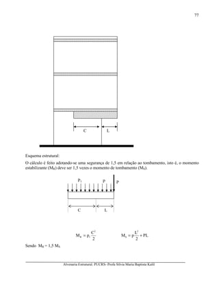 Alvenaria Estrutural. PUCRS- Profa Sílvia Maria Baptista Kalil
77
Esquema estrutural:
O cálculo é feito adotando-se uma segurança de 1,5 em relação ao tombamento, isto é, o momento
estabilizante (MR) deve ser 1,5 vezes o momento de tombamento (MS).
2
C
pM
2
1R = PL
2
L
pM
2
S +=
Sendo MR = 1,5 MS
C L
P
C L
pP1
 