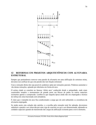 Alvenaria Estrutural. PUCRS- Profa Sílvia Maria Baptista Kalil
79
12 REFORMAS EM PROJETOS ARQUITETÔNICOS COM ALVENARIA
ESTRUTURAL
Sempre que pretendemos remover uma parede de alvenaria em uma edificação de estrutura mista,
devemos nos cetificar de que esta parede não tem função estrutural.
Caso a remoção direta não seja possível, podemos optar por remoções parciais. Podemos aumentar o
vão destas remoções, optando por aberturas em forma de arco.
O acima citado se constitui no famoso ‘efeito arco’ conhecido desde a antiguidade, onde eram
construídos templos e monumentos de grande porte em blocos de pedra ou outros materiais
resistentes apenas a compressão. Lembre-se que naquela época ainda não era empregada a técnica
de reforço de zona tracionada com armaduras.
É claro que o tamanho do arco fica condicionado a carga que ele está submetido e a resistência da
alvenaria empregada.
Se ainda assim esta solução não satisfaz, e a escolha pela remoção total for adotada, deveremos
substituir a parede a ser removida por uma viga de concreto ou aço a ser dimensionada, adotando-se
cuidados especiais quando da transmissão das cargas da edificação existente para o novo elemento.
P
C L
pP1
σ1
σ2
σmáx
σ3
 