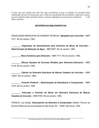 Alvenaria Estrutural. PUCRS- Profa Sílvia Maria Baptista Kalil
80
É claro que esta solução não seria das mais econômicas, já que os cuidados na execução desta
substituição devem ser minuciosos, pois a falta de escoramento dos pavimentos superiores, mesmo
que por instantes pode ocasionar trincas e fissuras indesejáveis com possível comprometimento de
toda a estrutura.
REFERÊNCIAS BIBLIOGRÁFICAS
ASSOCIAÇÃO BRASILEIRA DE NORMAS TÉCNICAS. Agregado para Concreto – NBR
7211. Rio de Janeiro, 1983.
________. Argamassa de Assentamento para Alvenaria de Bloco de Concreto –
Determinação da Retenção de Água – NBR 9287. Rio de Janeiro, 1986.
________. Bloco Cerâmico para Alvenaria – NBR 7171. Rio de Janeiro, 1992.
________. Blocos Vazados de Concreto Simples para Alvenaria Estrutural – NBR
6136. Rio de Janeiro, 1994.
________. Cálculo da Alvenaria Estrutural de Blocos Vazados de Concreto – NBR
10837. Rio de Janeiro, 1989.
________. Cimento Portland – Determinação de Resistência à Compressão – NBR
7215. Rio de Janeiro, 1996.
________. Execução e Controle de Obras em Alvenaria Estrutural de Blocos
Vazados de Concreto – NBR 8798. Rio de Janeiro, 1985.
FRANCO, Luiz Sérgio. Desempenho da Alvenaria à Compressão. Boletim Técnico da
Escola Politécnica da Universidade de São Paulo, BT – 20/88. São Paulo, 1988
 