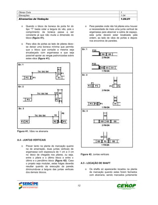 Obras Civis                                                                                 1
 Elevações                                                                                   1.04
 Alvenarias de Vedação                                                                       1.04.01


   o Quando o bloco da boneca da porta for do                 o Para paredes onde não há pilares e/ou houver
     tipo “T” basta cotar a largura do vão, pois o              a necessidade de mais uma junta vertical de
     comprimento da boneca passa a ser                          argamassa para absorver a sobra de espaço,
     constante já que não muda a dimensão do                    esta junta deverá estar localizada pela
     bloco (figura 41).                                         ordem, ao lado de vãos de portas e depois
                                                                nos encontros de paredes.
   o Para vãos de portas ao lado de pilares deve -
     se deixar uma boneca mínima que permita
     que o bloco que compõe a mesma seja
     encabeçado com argamassa e que seja
     possível apoiar as vergas padronizadas sobre
     estes vãos (figura 41).




Figura 41. Vãos na alvenaria


A.4 - JUNTAS VERTICAIS

   o Prever tanto na planta de marcação quanto
     na de amarração, duas juntas verticais de
     argamassa com espessura de 1 cm a 3 cm
     no bloco de chegada nos pilares, ou seja,            Figura 42. Juntas verticais
     entre o pilara e o último bloco e entre o
     último e o penúltimo bloco (figura 42). Caso
     o projeto seja modular, estas folgas deverão         A.5 - LOCAÇÃO DE SHAFT
     resultar quando da execução da parede,
     diminuindo-se a largura das juntas verticais             o Os shafts só aparecerão locados na planta
     dos demais blocos.                                         de marcação quando estes forem fechados
                                                                com alvenaria, sendo marcados juntamente



                                                     12
 