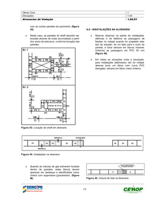 Obras Civis                                                                                 1
 Elevações                                                                                   1.04
 Alvenarias de Vedação                                                                       1.04.01


        com as outras paredes do pavimento (figura
        43).                                              A.6 - INSATALAÇÕES NA ALVENARIA

   o Neste caso, as paredes do shaft deverão ser             o Deve-se observar na planta de instalações
     locadas através de cotas acumuladas a partir              elétricas e de telefone as passagens de
     dos eixos da estrutura, conforme locação das              fiações no rodapé quando for projetado este
     paredes.                                                  tipo de solução, de um lado para o outro da
                                                               parede, e locar sempre em blocos maiores
                                                               (inteiros) as passagens em PVC 50 mm
                                                               (figura 44).

                                                             o Em todas as situações onde a tubulação
                                                               para instalações (eletroduto) vier do rodapé
                                                               deve-se locar um bloco com curva PVC
                                                               (bengala), sempre em bloco maior (inteiro).




Figura 43. Locação de shaft em alvenaria




Figura 44. Instalações na alvenaria




   o Quando as colunas de gás estiverem locadas
     dentro de paredes, estes blocos devem
     aparecer em destaque e identificados como
     cheios com argamassa (grauteados) (figura
     M).                                                  Figura 45. Coluna de Gás na Alvenaria



                                                     13
 