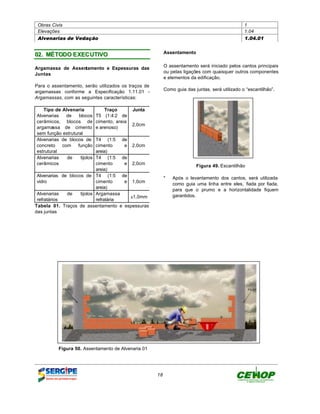 Obras Civis                                                                                      1
 Elevações                                                                                        1.04
 Alvenarias de Vedação                                                                            1.04.01


                                                            Assentamento
02 . MÉ TODO E XEC UTIVO
                                                            O assentamento será iniciado pelos cantos principais
Argamassa de Assentamento e Espessuras das
                                                            ou pelas ligações com quaisquer outros componentes
Juntas
                                                            e elementos da edificação.
Para o assentamento, serão utilizados os traços de
                                                            Como guia das juntas, será utilizado o “escantilhão”.
argamassas conforme a Especificação 1.11.01 -
Argamassas, com as seguintes características:

   Tipo de Alvenaria              Traço        Junta
Alvenarias   de    blocos     T5 (1:4:2 de
cerâmicos, blocos de          cimento, areia
                                               2,0cm
argamassa de cimento          e arenoso)
sem função estrutural
Alvenarias de blocos de     T4 (1:5 de
concreto   com    função    cimento    e 2,0cm
estrutural                  areia)
Alvenarias   de     tijolos T4 (1:5 de
cerâmicos                   cimento    e 2,0cm                             Figura 49. Escantilhão
                            areia)
 Alvenarias de blocos de T4 (1:5 de                         " Após o levantamento dos cantos, será utilizada
 vidro                      cimento    e 1,0cm                como guia uma linha entre eles, fiada por fiada,
                            areia)                            para que o prumo e a horizontalidade fiquem
 Alvenarias   de    tijolos Argamassa
                                         ±1,0mm               garantidos.
 refratários                refratária
Tabela 01. Traços de assentamento e espessuras
das juntas




          Figura 50. Assentamento de Alvenaria 01




                                                       18
 