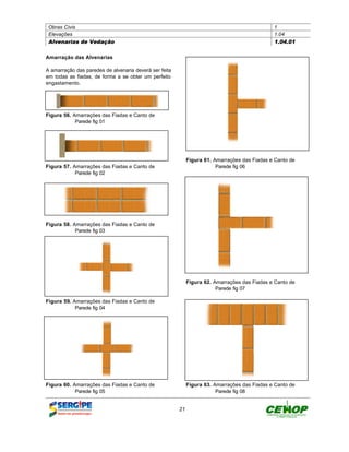 Obras Civis                                                                                   1
 Elevações                                                                                     1.04
 Alvenarias de Vedação                                                                         1.04.01


Amarração das Alvenarias

A amarração das paredes de alvenaria deverá ser feita
em todas as fiadas, de forma a se obter um perfeito
engastamento.




Figura 56. Amarrações das Fiadas e Canto de
            Parede fig 01




                                                             Figura 61. Amarrações das Fiadas e Canto de
Figura 57. Amarrações das Fiadas e Canto de                              Parede fig 06
            Parede fig 02




Figura 58. Amarrações das Fiadas e Canto de
            Parede fig 03




                                                             Figura 62. Amarrações das Fiadas e Canto de
                                                                         Parede fig 07

Figura 59. Amarrações das Fiadas e Canto de
            Parede fig 04




Figura 60. Amarrações das Fiadas e Canto de                  Figura 63. Amarrações das Fiadas e Canto de
            Parede fig 05                                                Parede fig 08


                                                        21
 