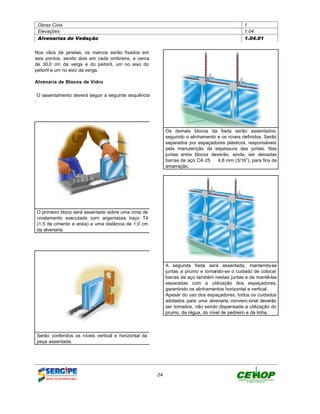 Obras Civis                                                                                    1
    Elevações                                                                                      1.04
    Alvenarias de Vedação                                                                          1.04.01


Nos vãos de janelas, os marcos serão fixados em
seis pontos, sendo dois em cada ombreira, a cerca
de 30,0 cm da verga e do peitoril, um no eixo do
peitoril e um no eixo da verga.

Alvenaria de Blocos de Vidro

    O assentamento deverá seguir a seguinte sequência
:




                                                               Os demais blocos da fiada serão assentados,
                                                               seguindo o alinhamento e os níveis definidos. Serão
                                                               separados por espaçadores plásticos, responsáveis
                                                               pela manutenção da espessura das juntas. Nas
                                                               juntas entre blocos deverão, ainda, ser deixadas
                                                               barras de aço CA 25 ∅ 4,8 mm (3/16”), para fins de
                                                               amarração.




    O primeiro bloco será assentado sobre uma cinta de
    nivelamento executada com argamassa traço T4
    (1:5 de cimento e areia) a uma distância de 1,0 cm
    da alvenaria.




                                                               A segunda fiada será assentada, mantendo-se
                                                               juntas a prumo e tomando-se o cuidado de colocar
                                                               barras de aço também nestas juntas e de mantê-las
                                                               separadas com a utilização dos espaçadores,
                                                               garantindo os alinhamentos horizontal e vertical.
                                                               Apesar do uso dos espaçadores, todos os cuidados
                                                               adotados para uma alvenaria convenc ional deverão
                                                               ser tomados, não sendo dispensada a utilização do
                                                               prumo, da régua, do nível de pedreiro e da linha.



    Serão conferidos os níveis vertical e horizontal da
    peça assentada.




                                                          24
 