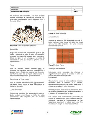 Obras Civis                                                                                     1
 Elevações                                                                                       1.04
 Alvenarias de Vedação                                                                           1.04.01


Os materiais são fabricados, nas mais diversas
formas, dimensões e composições químicas, por
empresas especializadas como Magnesita S/A e
Cerâmica Safran.




                                                            Figura 30. Junta Amarrada

                                                            Juntas a Prumo

                                                            Sistema de execução das alvenarias em que as
                                                            juntas verticais entre blocos ou tijolos de fiadas
                                                            consecutivas são dispostas de uma maneira
Figura 29. Linha de Produtos Refratários                    coincidente e contínua.

Escantilhão

Régua de madeira com comprimento igual ao “pé-
direito” (distância do piso ao teto) do pavimento,
graduada com distâncias iguais à altura nominal do
bloco ou tijolo a ser empregado, acrescido da
espessura da junta, que serve da gabarito para o
assentamento.

Verga                                                       Figura 31. Junta Prumo

Viga de concreto armado colocada sobre as                   Amarração das Alvenarias
aberturas nas alvenarias, tais como, vãos de portas e
janelas, com a função de sustentar os elementos             Entende-se como amarração de alvenaria o
construtivos sobre elas e impedir a transmissão de          engastamento entre panos de paredes ou entre as
esforços para as esquadrias, quando existirem.              paredes e a estrutura da edificação.
                                                            Cunhamento
Contra-verga ou Verga Inferior
                                                            O cunhamento consta da interposição de materiais
Viga de concreto armado colocada sob as aberturas           resistentes entre a alvenaria e o concreto,
de janelas, com a função de evitar o surgimento de          devidamente consolidados, de forma a evitar folgas e
trincas na alvenaria.                                       trincas nas juntas entre estes elementos.

Juntas Amarradas                                            Por este processo, ao se executar a alvenaria, deixa-
                                                            se um espaço livre entre sua extremidade superior e
Sistema de execução das alvenarias em que as                a estrutura da edificação (viga ou laje).
juntas verticais entre blocos ou tijolos de fiadas
consecutivas são dispostas de um maneira                    Este espaço será posteriormente preenchido por
desencontrada.                                              cunhas de cimento ou por tijolos cerâmicos maciços,
                                                            fortemente apertados e argamassados, ou por
                                                            “argamassa expansiva” , própria para este fim,
                                                            travando-a em relação ao restante da estrutura.




                                                        6
 