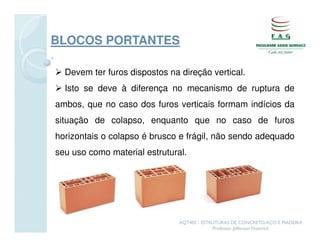 BLOCOS PORTANTES

  Devem ter furos dispostos na direção vertical.
  Isto se deve à diferença no mecanismo de ruptura de
ambos, que no caso dos furos verticais formam indícios da
situação de colapso, enquanto que no caso de furos
horizontais o colapso é brusco e frágil, não sendo adequado
seu uso como material estrutural.




                               AQT402 - ESTRUTURAS DE CONCRETO, AÇO E MADEIRA
                                            Professor Jefferson Homrich
 