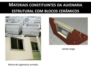 MATERIAIS CONSTITUINTES DA ALVENARIA
ESTRUTURAL COM BLOCOS CERÂMICOS
Marco de argamassa armada.
Janela-verga
 