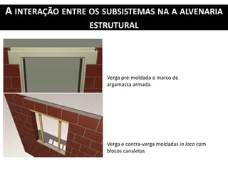 A INTERAÇÃO ENTRE OS SUBSISTEMAS NA A ALVENARIA
ESTRUTURAL
Verga e contra-verga moldadas in loco com
blocos canaletas
Verga pré-moldada e marco de
argamassa armada.
 