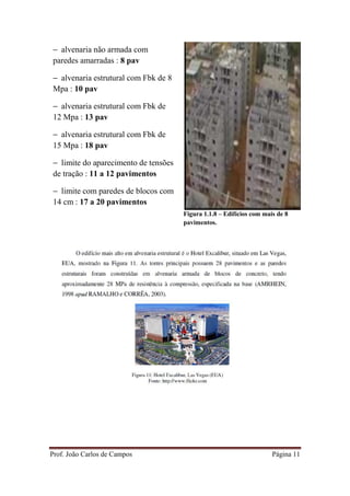 Prof. João Carlos de Campos Página 11
Figura 1.1.8 – Edifícios com mais de 8
pavimentos.
− alvenaria não armada com
paredes amarradas : 8 pav
− alvenaria estrutural com Fbk de 8
Mpa : 10 pav
− alvenaria estrutural com Fbk de
12 Mpa : 13 pav
− alvenaria estrutural com Fbk de
15 Mpa : 18 pav
− limite do aparecimento de tensões
de tração : 11 a 12 pavimentos
− limite com paredes de blocos com
14 cm : 17 a 20 pavimentos
 