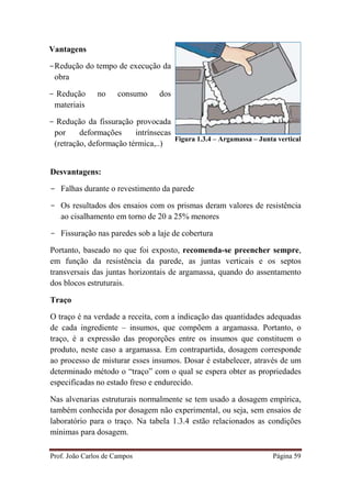 Prof. João Carlos de Campos Página 59
Figura 1.3.4 – Argamassa – Junta vertical
Desvantagens:
- Falhas durante o revestimento da parede
- Os resultados dos ensaios com os prismas deram valores de resistência
ao cisalhamento em torno de 20 a 25% menores
- Fissuração nas paredes sob a laje de cobertura
Portanto, baseado no que foi exposto, recomenda-se preencher sempre,
em função da resistência da parede, as juntas verticais e os septos
transversais das juntas horizontais de argamassa, quando do assentamento
dos blocos estruturais.
Traço
O traço é na verdade a receita, com a indicação das quantidades adequadas
de cada ingrediente – insumos, que compõem a argamassa. Portanto, o
traço, é a expressão das proporções entre os insumos que constituem o
produto, neste caso a argamassa. Em contrapartida, dosagem corresponde
ao processo de misturar esses insumos. Dosar é estabelecer, através de um
determinado método o “traço” com o qual se espera obter as propriedades
especificadas no estado freso e endurecido.
Nas alvenarias estruturais normalmente se tem usado a dosagem empírica,
também conhecida por dosagem não experimental, ou seja, sem ensaios de
laboratório para o traço. Na tabela 1.3.4 estão relacionados as condições
mínimas para dosagem.
Vantagens
-Redução do tempo de execução da
obra
- Redução no consumo dos
materiais
- Redução da fissuração provocada
por deformações intrínsecas
(retração, deformação térmica,..)
 