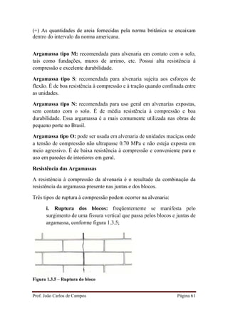 Prof. João Carlos de Campos Página 61
(+) As quantidades de areia fornecidas pela norma britânica se encaixam
dentro do intervalo da norma americana.
Argamassa tipo M: recomendada para alvenaria em contato com o solo,
tais como fundações, muros de arrimo, etc. Possui alta resistência à
compressão e excelente durabilidade.
Argamassa tipo S: recomendada para alvenaria sujeita aos esforços de
flexão. É de boa resistência à compressão e à tração quando confinada entre
as unidades.
Argamassa tipo N: recomendada para uso geral em alvenarias expostas,
sem contato com o solo. É de média resistência à compressão e boa
durabilidade. Essa argamassa é a mais comumente utilizada nas obras de
pequeno porte no Brasil.
Argamassa tipo O: pode ser usada em alvenaria de unidades maciças onde
a tensão de compressão não ultrapasse 0.70 MPa e não esteja exposta em
meio agressivo. É de baixa resistência à compressão e conveniente para o
uso em paredes de interiores em geral.
Resistência das Argamassas
A resistência à compressão da alvenaria é o resultado da combinação da
resistência da argamassa presente nas juntas e dos blocos.
Três tipos de ruptura à compressão podem ocorrer na alvenaria:
i. Ruptura dos blocos: freqüentemente se manifesta pelo
surgimento de uma fissura vertical que passa pelos blocos e juntas de
argamassa, conforme figura 1.3.5;
Figura 1.3.5 – Ruptura do bloco
 