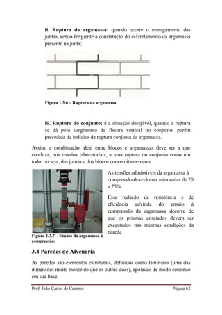 Prof. João Carlos de Campos Página 62
ii. Ruptura da argamassa: quando ocorre o esmagamento das
juntas, sendo freqüente a constatação do esfarelamento da argamassa
presente na junta;
Figura 1.3.6 – Ruptura da argamassa
iii. Ruptura do conjunto: é a situação desejável, quando a ruptura
se dá pelo surgimento de fissura vertical no conjunto, porém
precedida de indícios de ruptura conjunta da argamassa.
Assim, a combinação ideal entre blocos e argamassas deve ser a que
conduza, nos ensaios laboratoriais, a uma ruptura do conjunto como um
todo, ou seja, das juntas e dos blocos concomitantemente.
Figura 1.3.7 – Ensaio da argamassa à
compressão;
3.4 Paredes de Alvenaria
As paredes são elementos estruturais, definidos como laminares (uma das
dimensões muito menor do que as outras duas), apoiadas de modo contínuo
em sua base.
As tensões admissíveis da argamassa à
compressão deverão ser minoradas de 20
a 25%.
Essa redução de resistência e de
eficiência advinda do ensaio à
compressão da argamassa decorre de
que os prismas ensaiados devem ser
executados nas mesmas condições da
parede
 