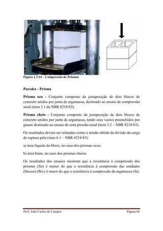 Prof. João Carlos de Campos Página 66
Figura 1.3.14 – Compressão de Prismas
Paredes - Prisma
Prisma oco - Conjunto composto da justaposição de dois blocos de
concreto unidos por junta de argamassa, destinado ao ensaio de compressão
axial (item 3.1 da NBR 8218/83).
Prisma cheio - Conjunto composto da justaposição de dois blocos de
concreto unidos por junta de argamassa, tendo seus vazios preenchidos por
graute destinado ao ensaio de com pressão axial (item 3.2 – NBR 8218/83).
Os resultados devem ser relatados como a tensão obtida da divisão da carga
de ruptura pela (item 6.1 – NBR 8218/83):
a) área liquida do bloco, no caso dos prismas ocos;
b) área bruta, no caso dos prismas cheios.
Os resultados dos ensaios mostram que a resistência à compressão dos
prismas (fm) é menor do que a resistência à compressão das unidades
(blocos) (fb) e é maior do que a resistência à compressão da argamassa (fa).
 