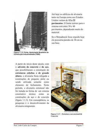 Prof. João Carlos de Campos Página 7
Figura 1.1.2. Fonte: Associação Brasileira da
Construção Industrializada (1990)
Figura 1.1.3 – Estrutura convencional de
Concreto
Até hoje os edifícios de alvenaria
tanto na Europa como nos Estados
Unidos variam de 12 a 22
pavimentos. O limite teórico para o
sistema está entre 30 e 40
pavimentos, dependendo muito do
material.
Se o Monadnock fosse erguido hoje
ele possuiria paredes de 30 cm na
sua base.
A partir do início deste século, com
o advento do concreto e do aço,
que possibilitaram a construção de
estruturas esbeltas e de grande
altura, a alvenaria ficou relegada a
construções de pequeno porte ou
sendo utilizada somente como
elemento de fechamento. Neste
período, a alvenaria estrutural não
foi tratada na forma de um sistema
construtivo técnico como as
construções de aço e de concreto
(figura 1.1.3). Em conseqüência, as
pesquisas e o desenvolvimento da
alvenaria estagnaram.
 