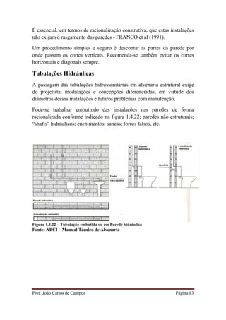 Prof. João Carlos de Campos Página 83
É essencial, em termos de racionalização construtiva, que estas instalações
não exijam o rasgamento das paredes - FRANCO et al (1991).
Um procedimento simples e seguro é descontar as partes da parede por
onde passam os cortes verticais. Recomenda-se também evitar os cortes
horizontais e diagonais sempre.
Tubulações Hidráulicas
A passagem das tubulações hidrossanitárias em alvenaria estrutural exige
do projetista: modulações e concepções diferenciadas, em virtude dos
diâmetros dessas instalações e futuros problemas com manutenção.
Pode-se trabalhar embutindo das instalações nas paredes de forma
racionalizada conforme indicado na figura 1.4.22; paredes não-estruturais;
“shafts” hidráulicos; enchimentos; sancas; forros falsos, etc.
Figura 1.4.22 – Tubulação embutida ou em Parede hidráulica
Fonte: ABCI – Manual Técnico de Alvenaria
 
