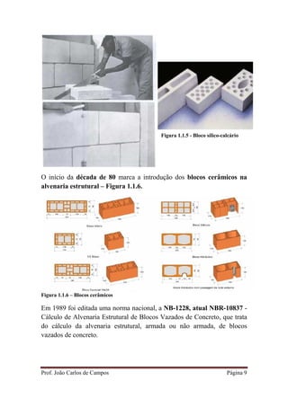 Prof. João Carlos de Campos Página 9
O início da década de 80 marca a introdução dos blocos cerâmicos na
alvenaria estrutural – Figura 1.1.6.
Figura 1.1.6 – Blocos cerâmicos
Em 1989 foi editada uma norma nacional, a NB-1228, atual NBR-10837 -
Cálculo de Alvenaria Estrutural de Blocos Vazados de Concreto, que trata
do cálculo da alvenaria estrutural, armada ou não armada, de blocos
vazados de concreto.
Figura 1.1.5 - Bloco sílico-calcário
 