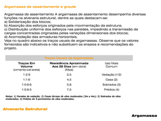 Argamassa de assentamento e graute

Argamassa de assentamento A argamassa de assentamento desempenha diversas
funções na alvenaria estrutural, dentre as quais destacam-se:
a) Solidarização dos blocos;
b) Absorção dos esforços originados pela movimentação da estrutura;
c) Distribuição uniforme dos esforços nas paredes, impedindo a transmissão de
cargas concentradas originadas pelas variações dimensionais dos blocos;
d) Acomodação das armaduras horizontais.
Veja no quadro abaixo os traços usuais de argamassas. Observe que os valores
fornecidos são indicativos e não substituem os ensaios e recomendações do
projeto.


                                 Traços Usuais de Argamassas
           Traços Em                 Resistência Aproximada                        Uso Mais
             Volume                   Aos 28 Dias (em obra)                        Comum
       (cimento:cal:areia)                    (Mpa)
               1:2:9                               2,5                          Vedação (1/2)
               1:1:6                               4,5                             Casa (2)
              1:0:6:6                              5,8                           Sobrados (3)
              1:0:6:5                              7,5                            Prédios (4)

 Notas: 1) Paredes de vedação; 2) Casas térreas de vãos moderados (3m a 4m); 3) Sobrados de vãos
 moderados; 4) Prédios de 4 pavimentos de vãos moderados.



Alvenaria Estrutural

                                                                                                   Argamassa
 