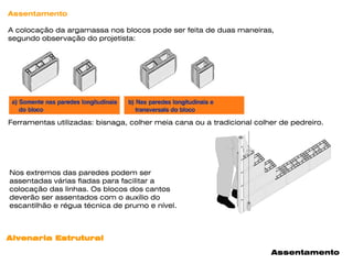 Assentamento

A colocação da argamassa nos blocos pode ser feita de duas maneiras,
segundo observação do projetista:




Ferramentas utilizadas: bisnaga, colher meia cana ou a tradicional colher de pedreiro.




Nos extremos das paredes podem ser
assentadas várias fiadas para facilitar a
colocação das linhas. Os blocos dos cantos
deverão ser assentados com o auxílio do
escantilhão e régua técnica de prumo e nível.



Alvenaria Estrutural

                                                                       Assentamento
 
