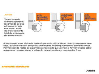Juntas

 Tratando-se de
 alvenaria aparente,
 recomenda-se que
 o frisamento seja
 executado antes
 do endurecimento
 total da argamassa
 de assentamento.



 A limpeza pode ser efetuada após o frisamento utilizando-se pano grosso ou esponja
 seca, evitando-se com isso produzir manchas (esbranquiçamentos) sobre os blocos.
 Permanecendo restos de argamassa endurecida que venham a formar crostas sobre
 a alvenaria, recomenda-se a utilização de escova de aço com cerdas finas.




Alvenaria Estrutural

                                                                             Juntas
 