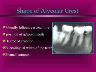 Shape of Alveolar Crest 
Usually follows cervical line 
position of adjacent teeth 
Degree of eruption 
Buccolingual width of the teeth 
Enamel contour 
 