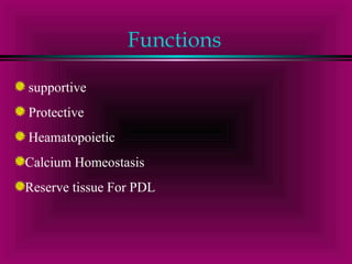 Functions 
supportive 
Protective 
Heamatopoietic 
Calcium Homeostasis 
Reserve tissue For PDL 
 