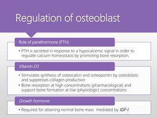 Regulation of osteoblast
• PTH is secreted in response to a hypocalcemic signal in order to
regulate calcium homeostasis by promoting bone resorption,
Role of parathormone (PTH)
• Stimulates synthesis of osteocalcin and osteopontin by osteoblasts
and suppresses collagen production
• Bone resorption at high concentrations (pharmacological) and
support bone formation at low (physiologic) concentrations.
Vitamin D3
• Required for attaining normal bone mass mediated by IGF-I.
Growth hormone
 