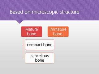 Based on microscopic structure
Mature
bone
compact bone
cancellous
bone
Immature
bone.
 