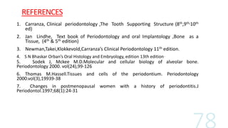 REFERENCES
1. Carranza, Clinical periodontology ,The Tooth Supporting Structure (8th,9th,10th
ed)
2. Jan Lindhe, Text book of Periodontology and oral Implantology ,Bone as a
Tissue, (4th & 5th edition)
3. Newman,Takei,Klokkevold,Carranza’s Clinical Periodontology 11th edition.
4. S N Bhaskar Orban’s Oral Histology and Embryology, edition 13th edition .
5. Sodek J, Mckee M.D.Molecular and cellular biology of alveolar bone.
Periodontology 2000. vol(24),99-126
6. Thomas M.Hassell.Tissues and cells of the periodontium. Periodontology
2000.vol(3),19939-38
7. Changes in postmenopausal women with a history of periodontitis.J
Periodontol.1997;68(1):24-31
 