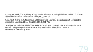 8. Jiang SY, Shu R, Xie YF, Zhang SY. Age related changes in biological characteristics of human
alveolar osteoblasts. Cell Prolif.2010oct;43(5):464-70.
9. Barros S P, Silva M.A, Somerman M.J.Parathyroid hormone protects against periodontitis
associated bone loss.J Dent Res 2003;82(10):791-795
10. Payne JB, Zachs NR, Patil K .The association between estrogen status and alveolar bone
density changes in postmenopausal women with a history of periodontitis.J
Periodontol.1997;68(1):24-31
 